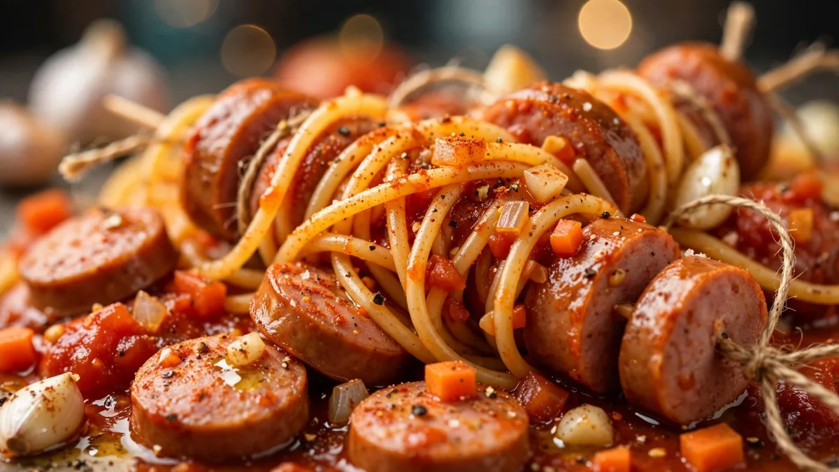 Espaguete com salsichas amarradas com barbante