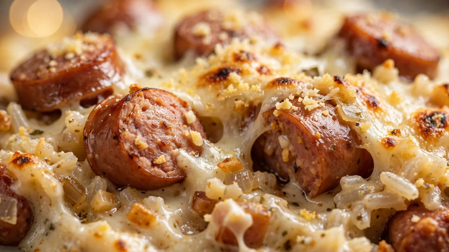 Arroz de Forno com Salsicha e Requeijão: Uma receita prática e deliciosa de arroz de forno gratinado, feito com molho suculento de salsicha, camada cremosa de requeijão e