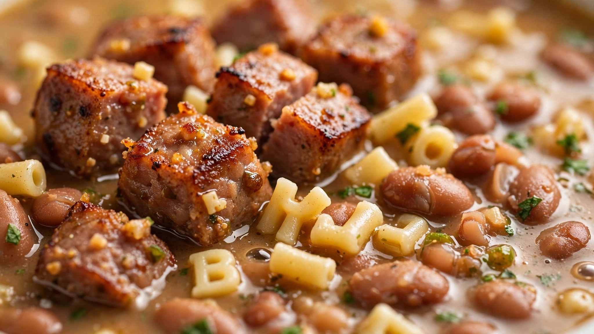 Sopa de Feijão com Macarrão e Linguiça: Uma sopa caseira reconfortante e nutritiva que combina o caldo encorpado do feijão batido com o sabor da linguiça acebolada e a le