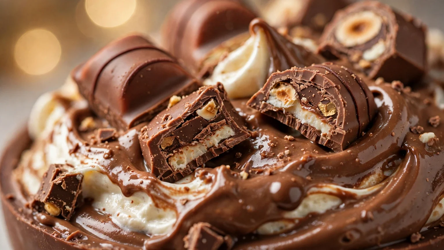 Torta Pavê de Sonho de Valsa: Uma sobremesa gelada clássica feita em camadas irresistíveis de creme amarelo, calda de chocolate, bombons Sonho de Valsa picados