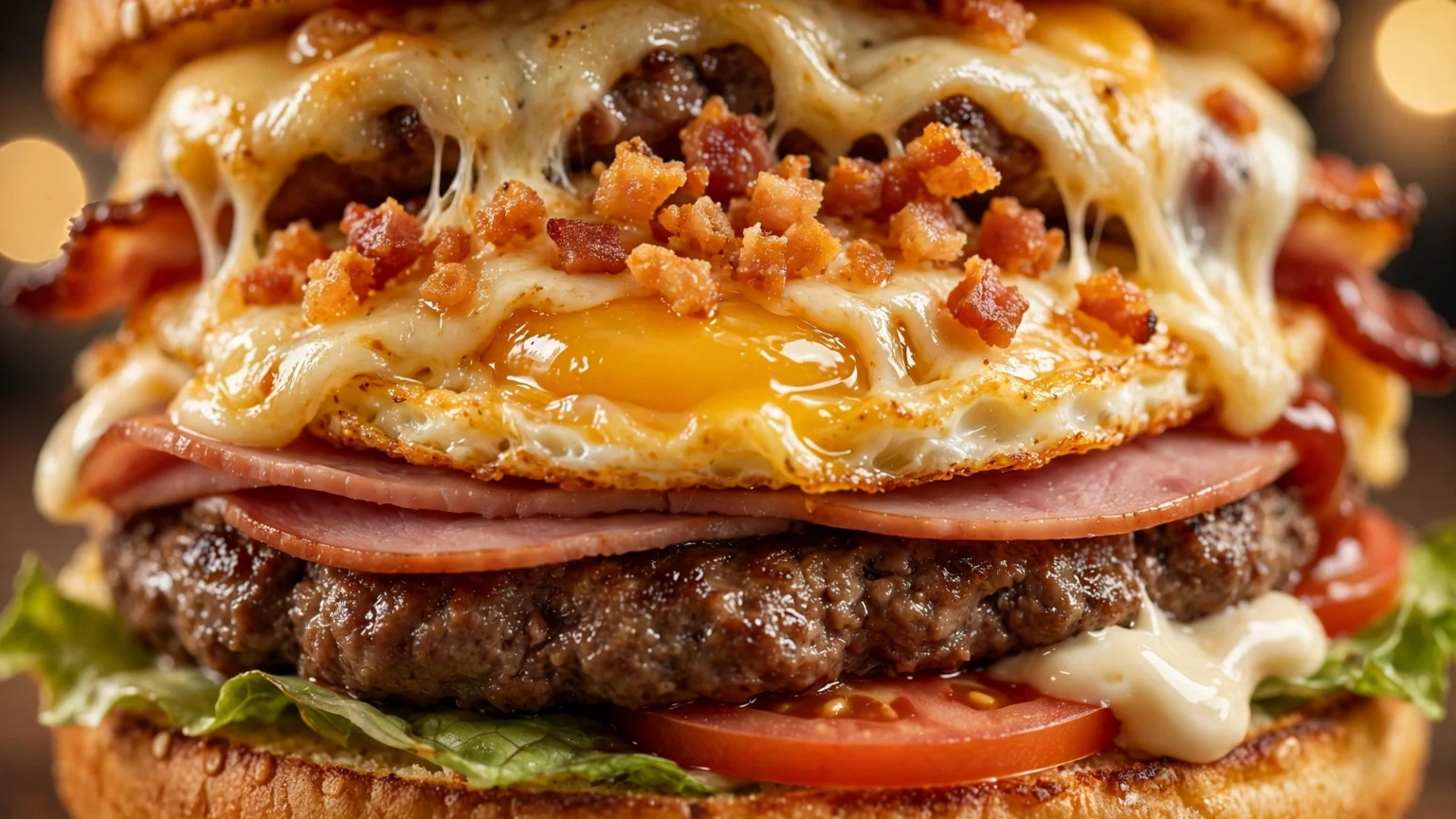 X-Tudo Tradicional: O clássico e generoso hambúrguer artesanal das lanchonetes brasileiras, recheado com bacon, ovo, presunto, queijo derretido e sala