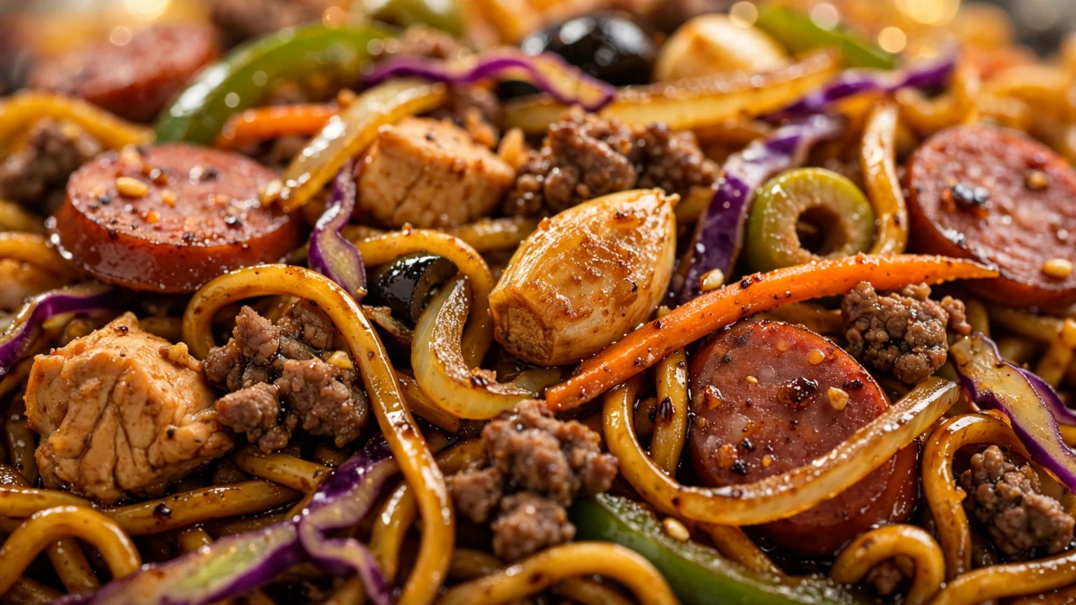 Yakisoba Misto com Calabresa: Uma versão adaptada e saborosa do clássico yakisoba oriental, combinando macarrão específico, vegetais frescos e um trio de carnes