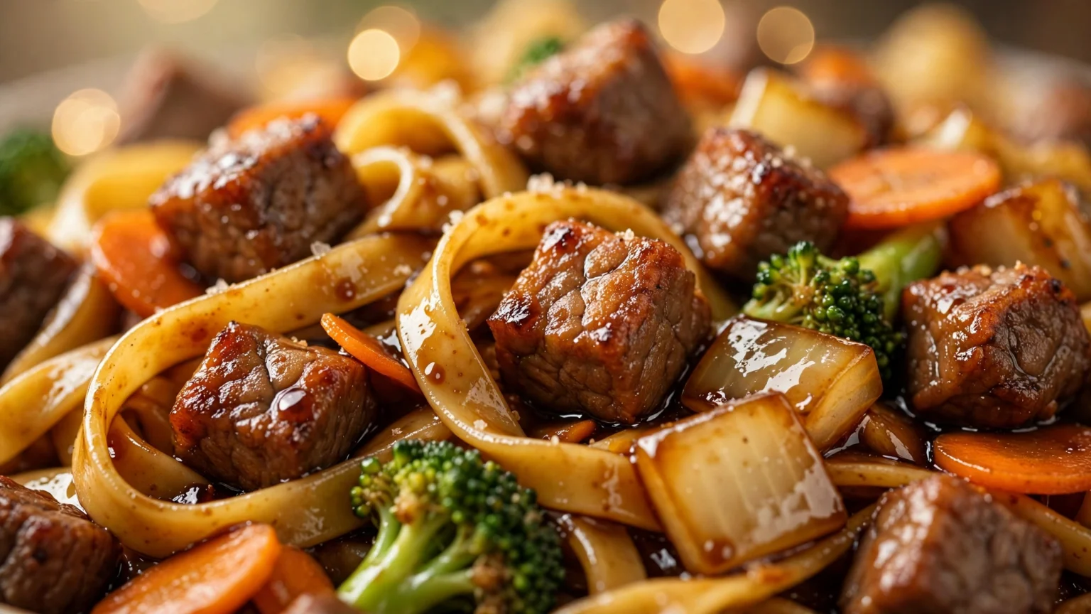 Yakissoba de Carne e Legumes: Um clássico prato de origem chinesa popularizado e adaptado na culinária japonesa, o yakissoba combina macarrão cozido, tiras maci